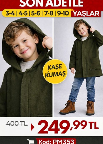 Gri Kapüşonlu Düğmeli Erkek Çocuk Kaşe Mont - Görsel 15