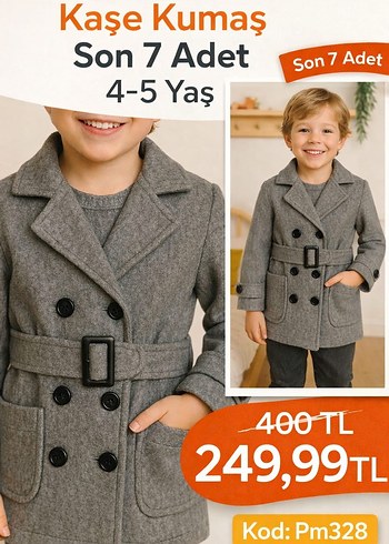 Gri Kapüşonlu Düğmeli Erkek Çocuk Kaşe Mont - Görsel 10