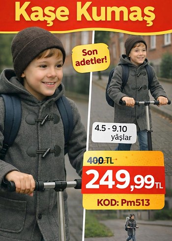 Gri Kapüşonlu Düğmeli Erkek Çocuk Kaşe Mont - Görsel 14