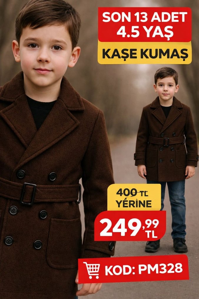 Gri Kapüşonlu Düğmeli Erkek Çocuk Kaşe Mont - Görsel 3