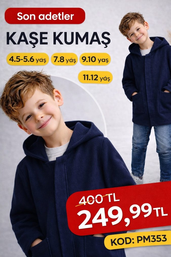 Gri Kapüşonlu Düğmeli Erkek Çocuk Kaşe Mont - Görsel 4