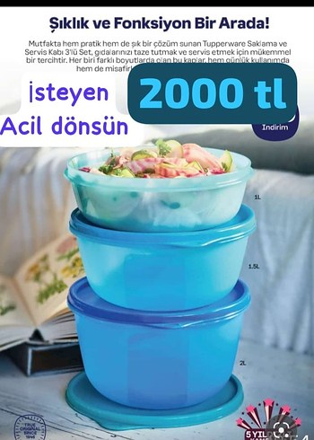 Tupperware 3'lü Saklama ve Servis Kabı Seti - Mavi