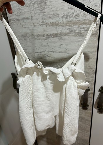 Beyaz Keten Drapeli Mini Bluz - Görsel 2