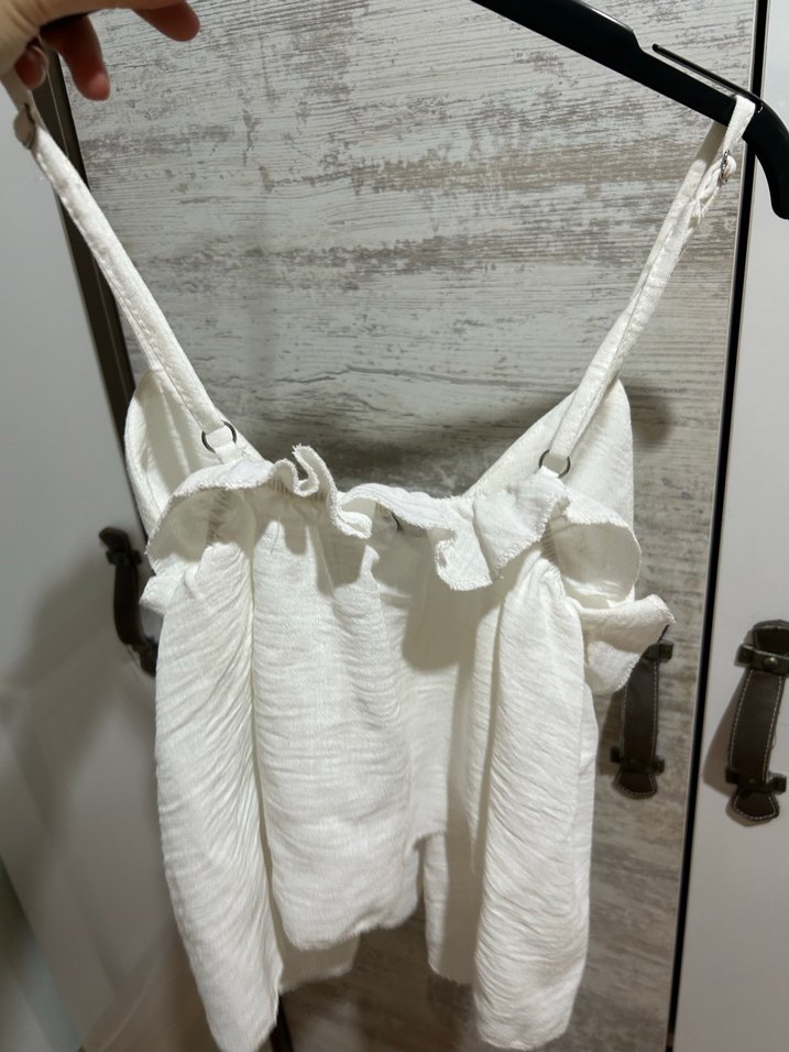 Beyaz Keten Drapeli Mini Bluz - Görsel 2