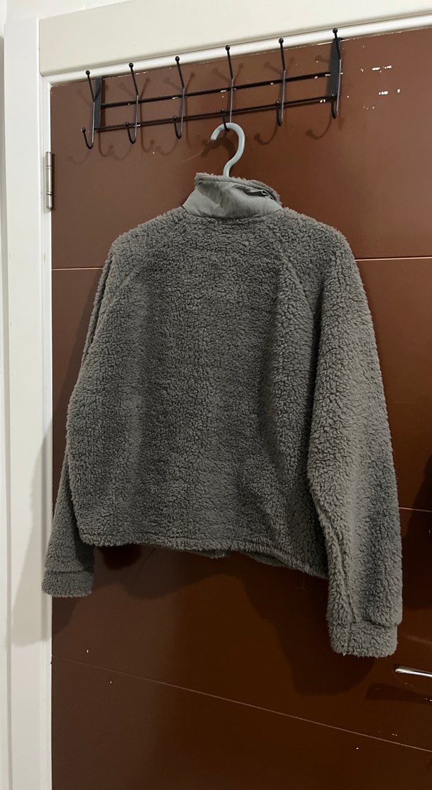 Gri Peluş Kadın Ceket Yüksek Yaka - Görsel 4