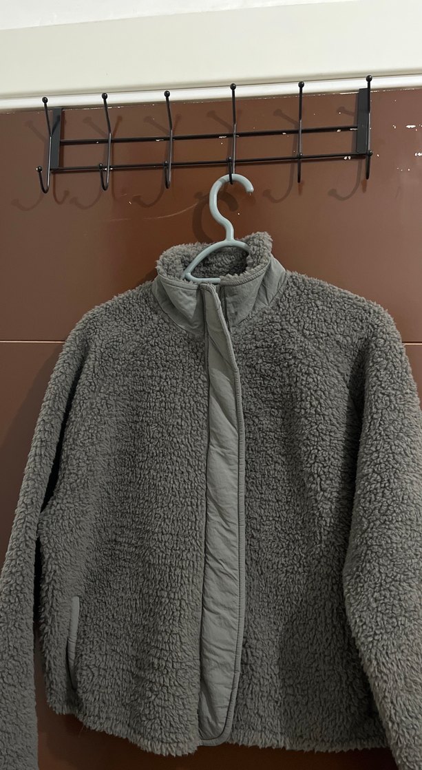 Gri Peluş Kadın Ceket Yüksek Yaka - Görsel 3