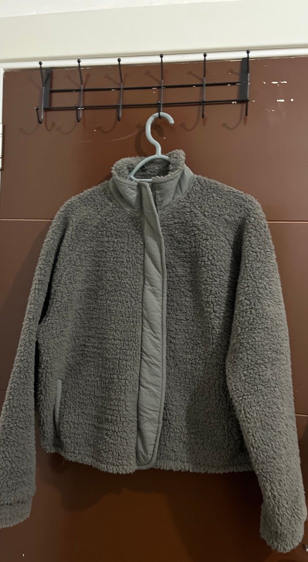 Gri Peluş Kadın Ceket Yüksek Yaka - Görsel 2