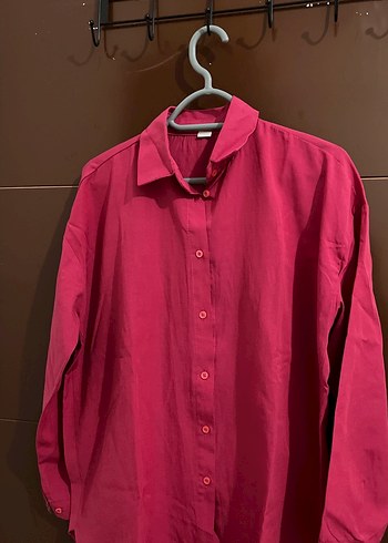 Pembe Düğmeli Uzun Kollu Keten Gömlek - Görsel 2