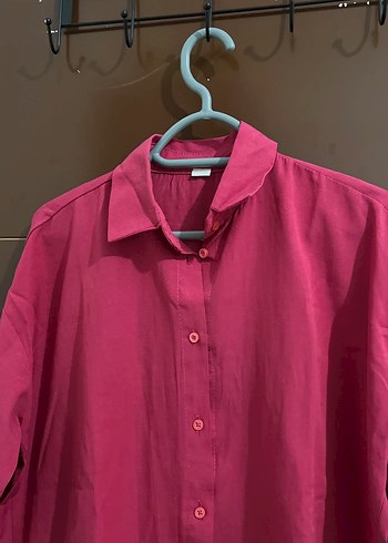 Pembe Düğmeli Uzun Kollu Keten Gömlek - Görsel 3