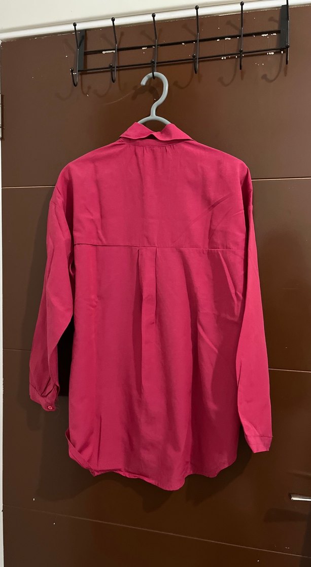 Pembe Düğmeli Uzun Kollu Keten Gömlek - Görsel 4