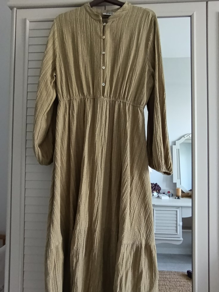 Düğmeli Bej Uzun Kollu Keten Kadın Tunik - Görsel 2