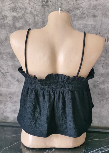 Kadın Siyah Mini Straplez Fırfırlı Bluz - Görsel 3