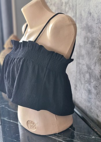 Kadın Siyah Mini Straplez Fırfırlı Bluz - Görsel 2