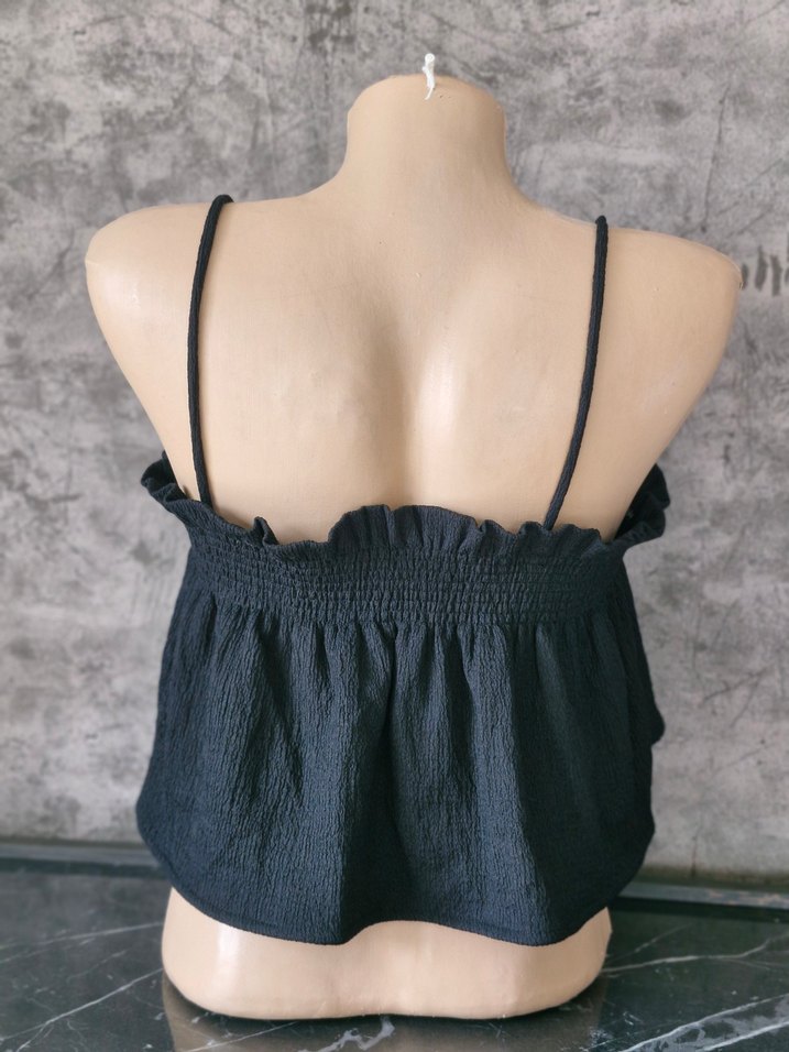 Kadın Siyah Mini Straplez Fırfırlı Bluz - Görsel 3