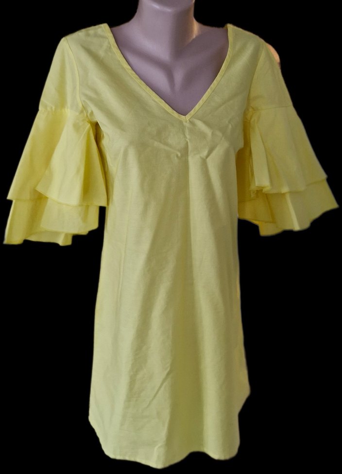 Sarı V Yaka Kat Kat Kollu Mini Elbise - Görsel 2