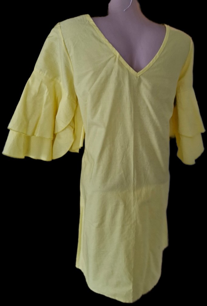 Sarı V Yaka Kat Kat Kollu Mini Elbise - Görsel 3