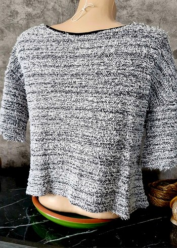 Siyah Beyaz Kırçıllı, Kısa Kollu Triko Örgü Kadın Kazak - Görsel 3