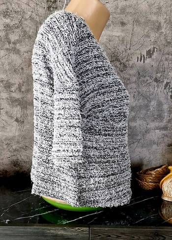 Siyah Beyaz Kırçıllı, Kısa Kollu Triko Örgü Kadın Kazak - Görsel 2