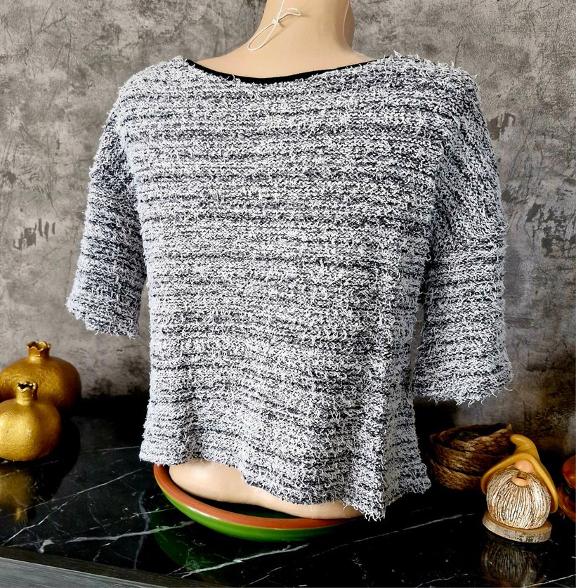 Siyah Beyaz Kırçıllı, Kısa Kollu Triko Örgü Kadın Kazak - Görsel 3