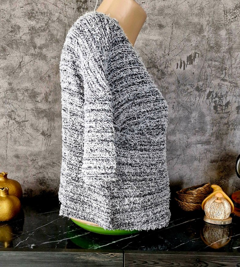 Siyah Beyaz Kırçıllı, Kısa Kollu Triko Örgü Kadın Kazak - Görsel 2