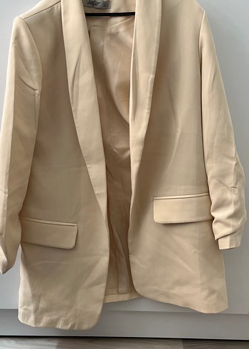 l Beden Bej Kadın Keten Midi Blazer Ceket