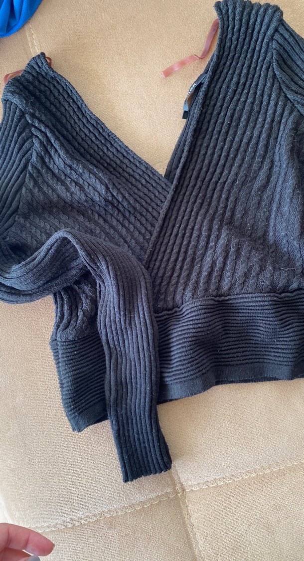 V Yaka Gri Triko Kadın Kazak - Görsel 2