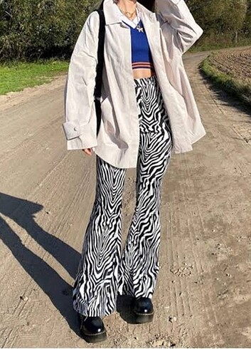 Zebra desen çizgi desen tayt ispanyol pantolon