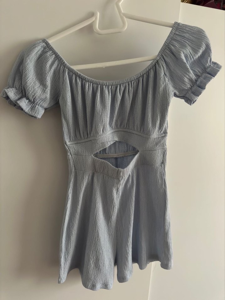 Mavi Kısa Kollu Mini Denim Tulum - Görsel 5