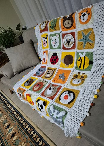 Nakışlı Çok Renkli Çocuk Örgü Battaniye - Görsel 15