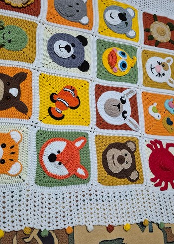 Nakışlı Çok Renkli Çocuk Örgü Battaniye - Görsel 12