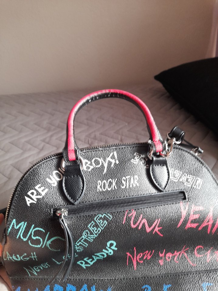 Gri Deri Rock Punk Baskılı Kadın Çanta - Görsel 2