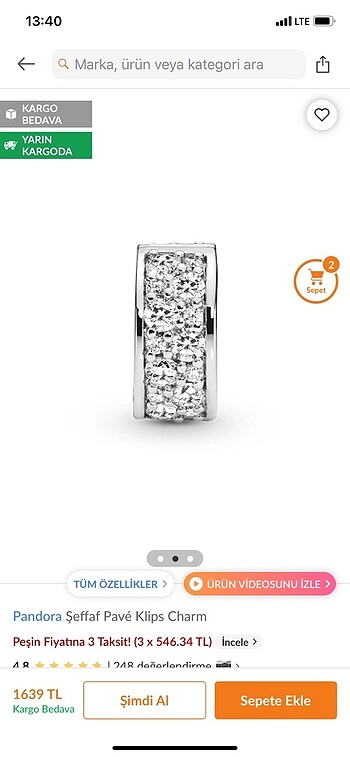 Pandora Pandora şeffaf pave klips charm