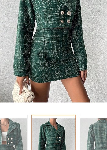 Düğmeli Kısa Yeşil Ekose Kadın Takım - Görsel 2