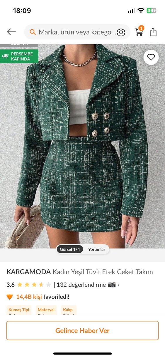 Düğmeli Kısa Yeşil Ekose Kadın Takım - Görsel 5