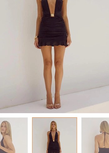 Siyah Mini Drapeli V Yaka Elbise - Görsel 3