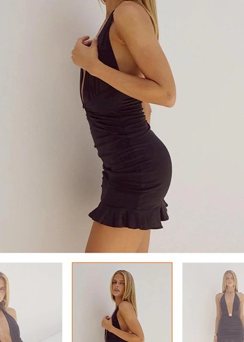 Siyah Mini Drapeli V Yaka Elbise - Görsel 2