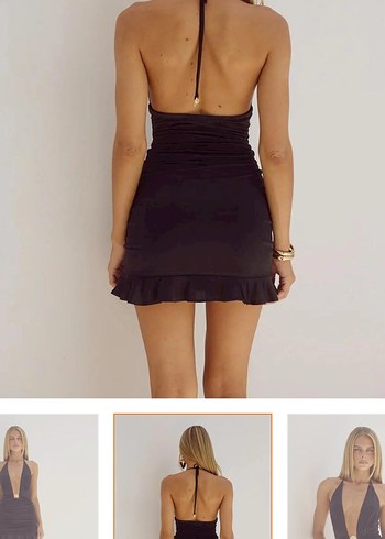 Siyah Mini Drapeli V Yaka Elbise - Görsel 4