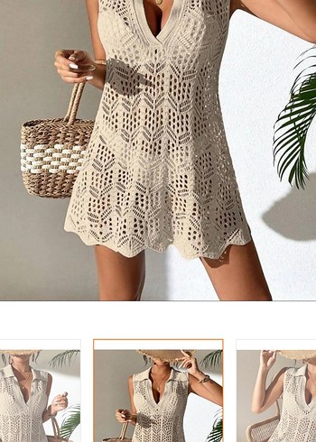 Plaj elbisesi Bej Dantel Detaylı Kısa Triko Elbise - Görsel 3