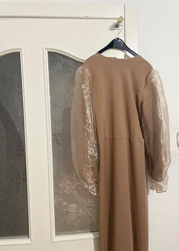 Abiye Bej Uzun Kollu Drapeli Kadın Elbise
