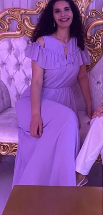 Uzun şifon lila renkli abiye elbise - Görsel 5