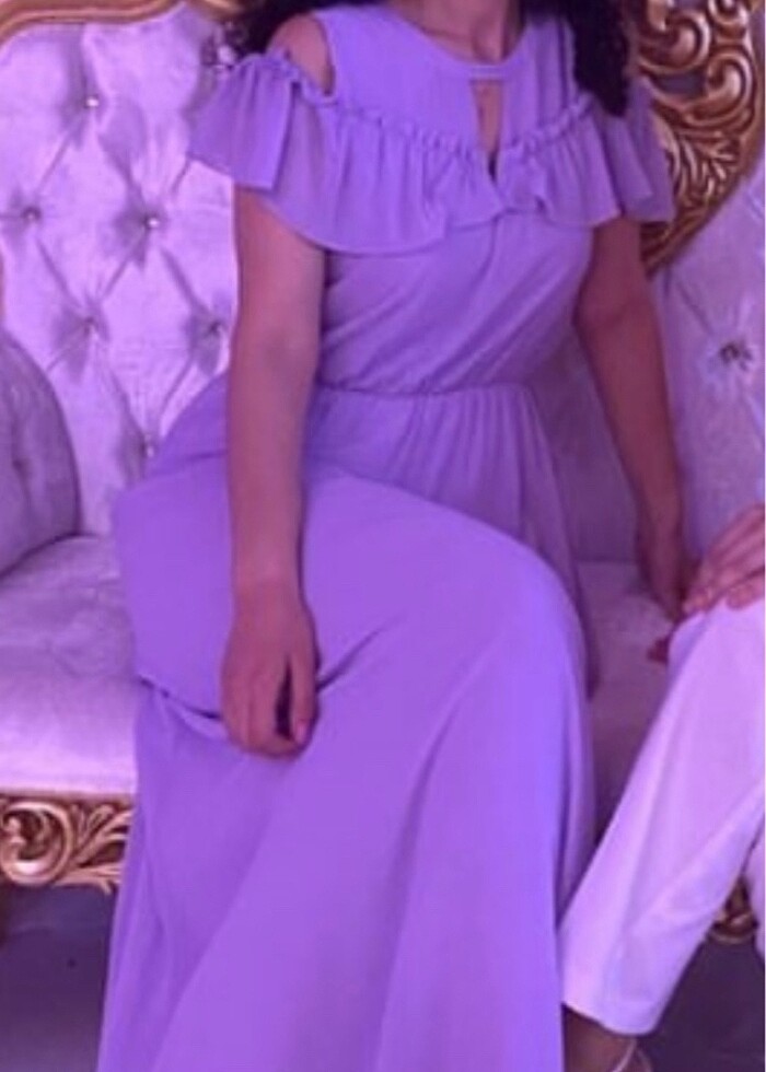 Uzun şifon lila renkli abiye elbise - Görsel 5