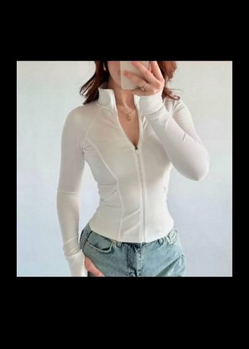 Beyaz Yüksek Yakalı Dar Kesim Kadın Ceket 100/100 pamuk - Görsel 3