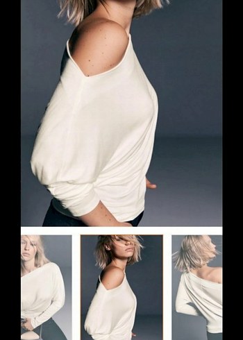 Beyaz Asimetrik %100 Pamuk Tişört kayık yaka - Görsel 3