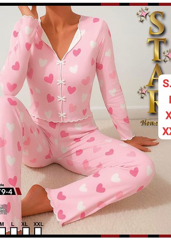 Pembe Kalpli Uzun Kollu Midi Pijama Takımı