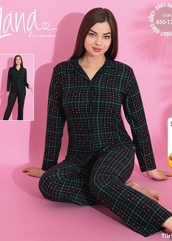 s Beden Kırmızı Desenli Uzun Kollu Kadın Pijama Takımı