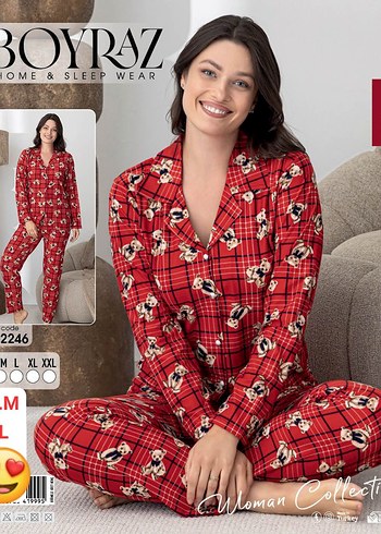 Kırmızı Desenli Uzun Kollu Kadın Pijama Takımı