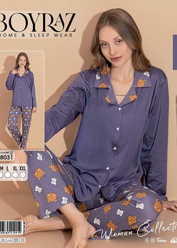 Mor Desenli Uzun Kollu Kadın Pijama Takımı