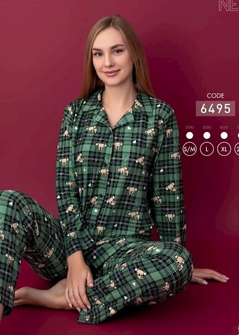 l Beden siyah Renk Siyah Bağlamalı Desenli Uzun Kollu Kadın Pijama