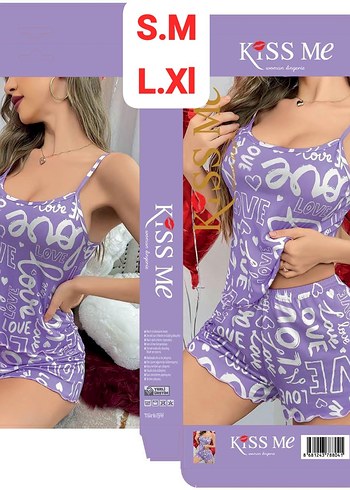 l Beden Siyah Mini Baskılı İnce Askılı Kadın Pijama
