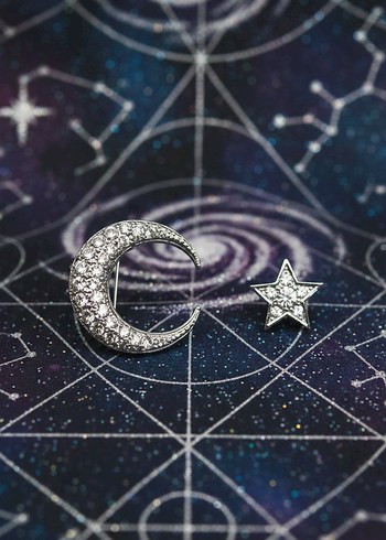 Pul İşlemeli Siyah Gotik Ay ve Yıldız Broş - Görsel 2